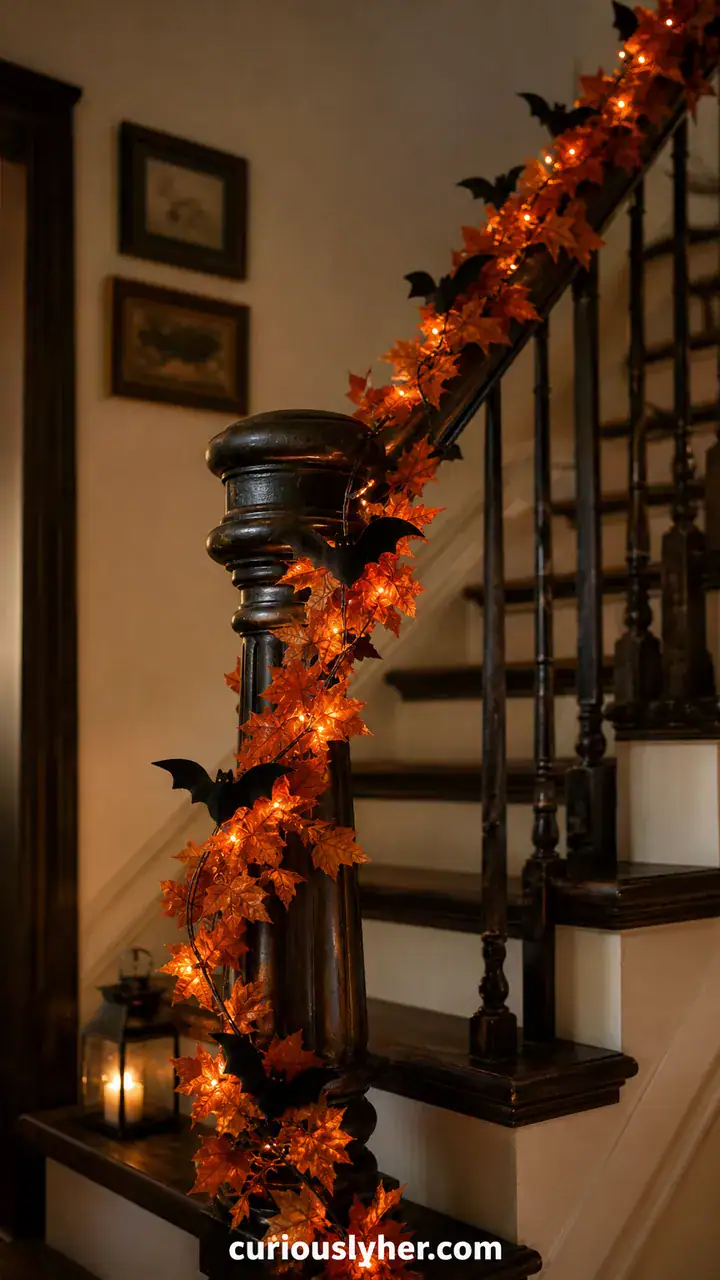 9. A Staircase Railing Wrapped in Orange Garland and Tiny Felt Bats