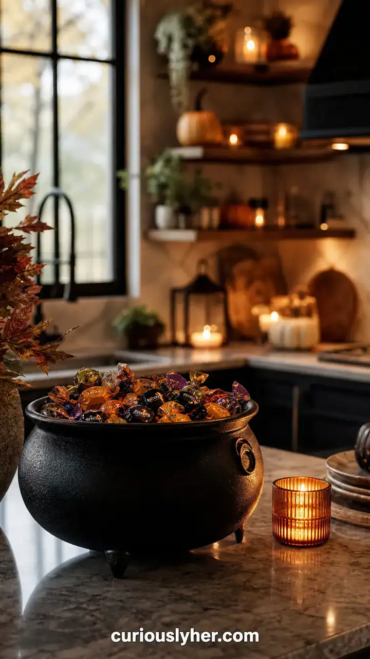 10. A Kitchen Counter With a Cute Cauldron Full of Wrapped Candy