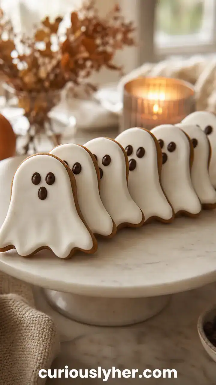 16. A Row of Ghost Cookies Lined Up on a Cake Stand