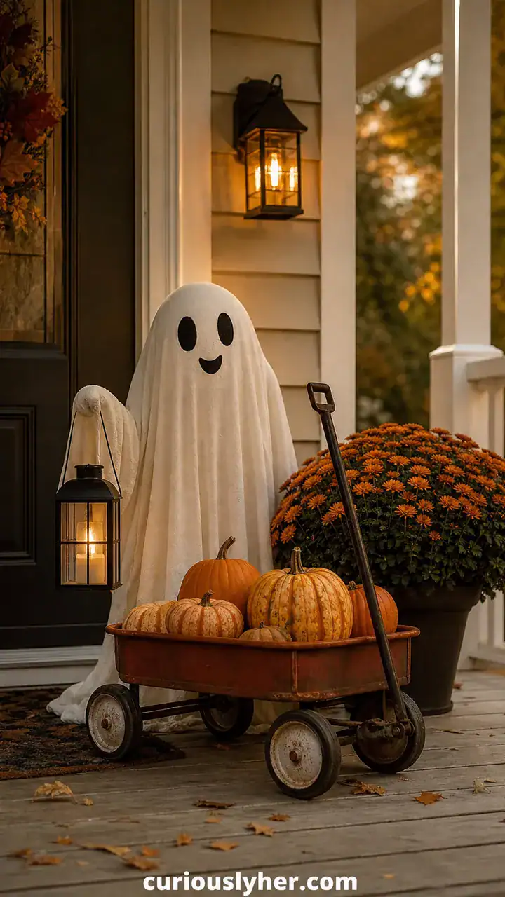 18. A Front Porch With a Little Pumpkin Wagon and a Friendly Ghost