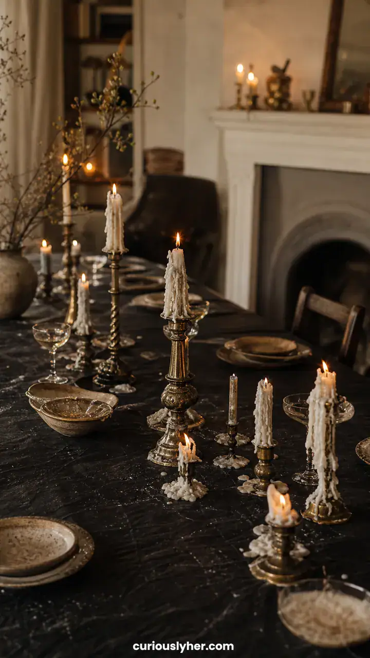 6. A Dining Table Covered in Black Paper With Thrifted Candlesticks and Wax Drips