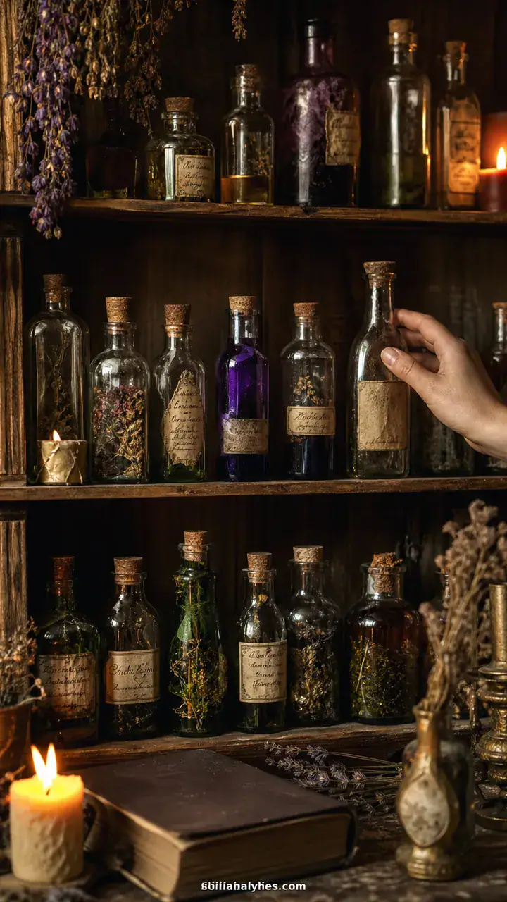 11. A Witch’s Potion Shelf Made From Old Bottles With Handwritten Labels
