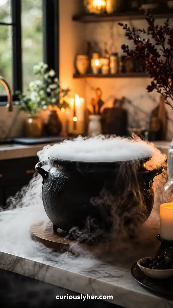 17. A Kitchen Counter With a Black Pot Cauldron and Dry Ice Fog