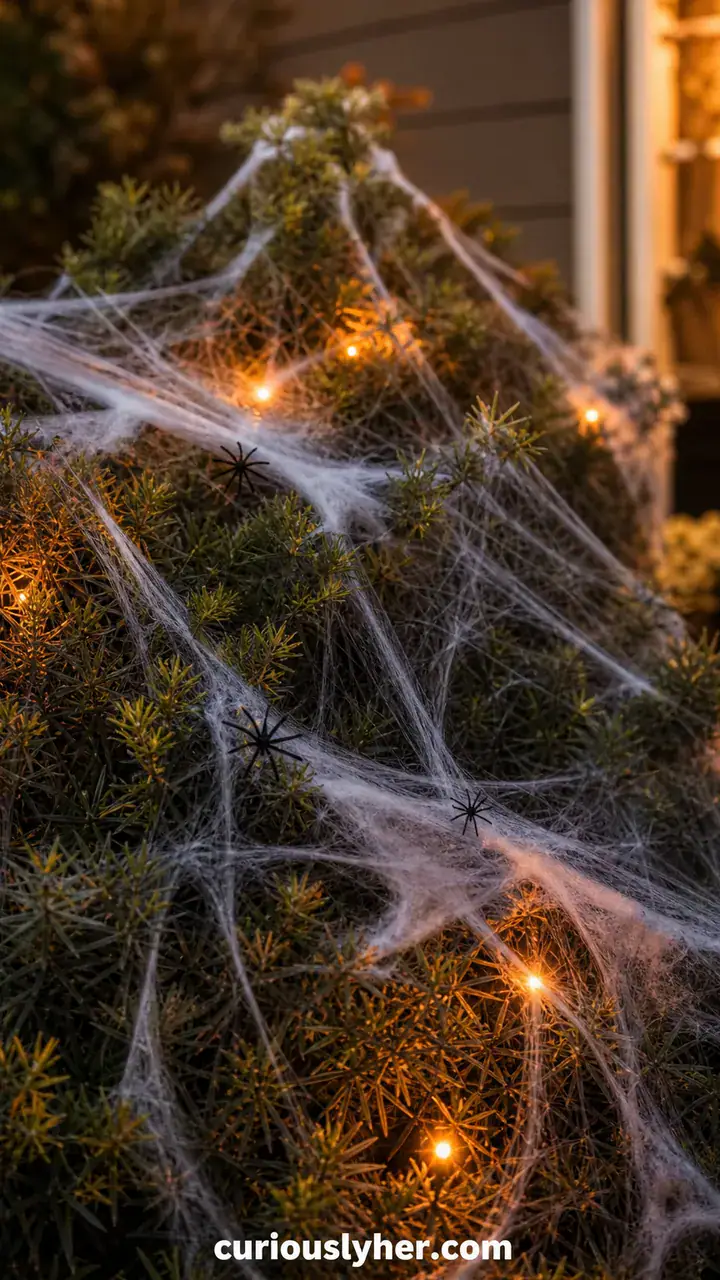 12. A Bush Covered in Stretchy Cobwebs and Tiny Plastic Spiders