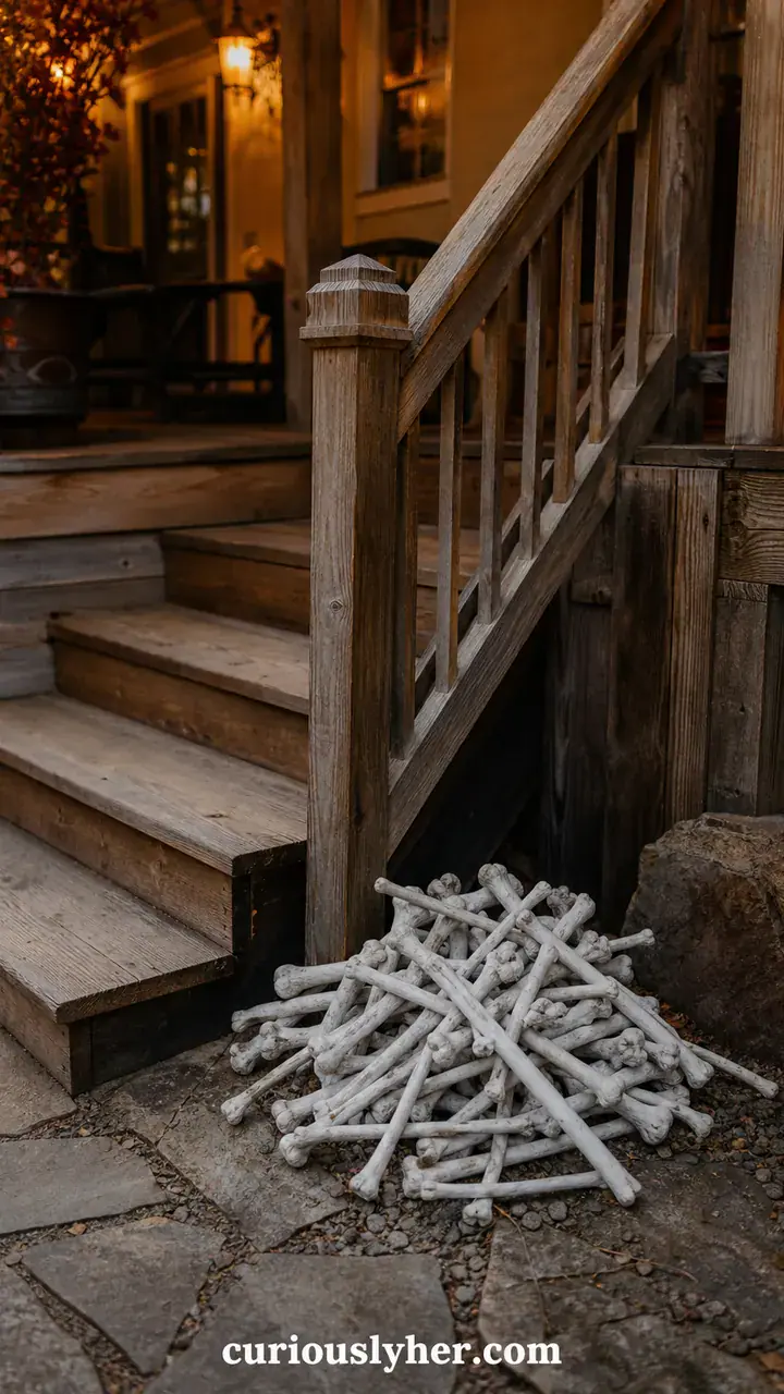 14. A Pile of Bones Made From White Painted Sticks Beside the Steps