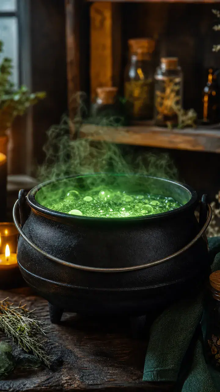 16. A Cauldron Made From a Black Pot With a Glowing Green Bubbling Look