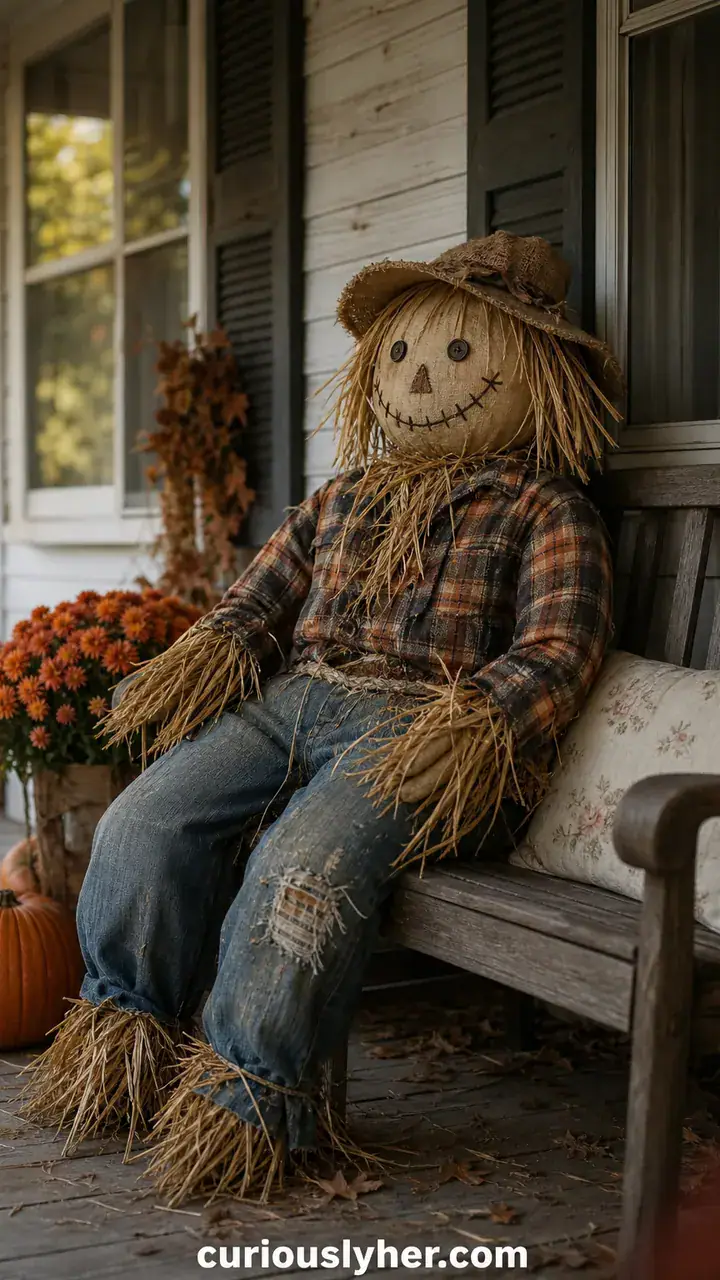 17. A Scarecrow Sitting on the Porch Bench in Old Flannel and Straw