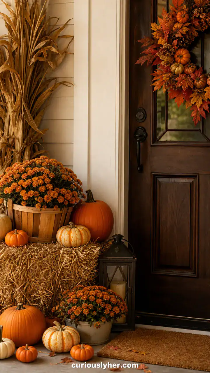 19. A Pumpkin Patch Corner With Hay Bales and Mini Pumpkins by the Door