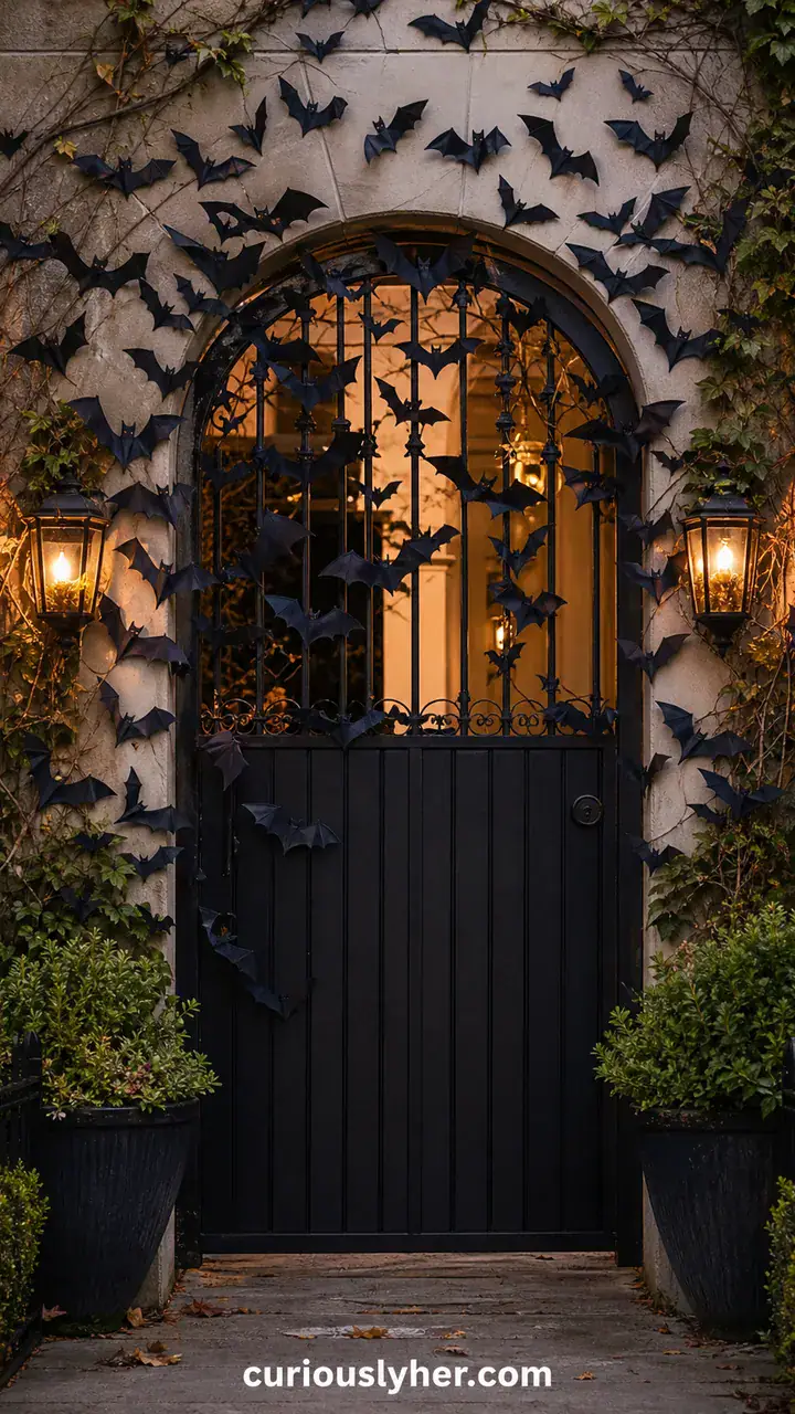 22. A Front Gate Covered in Black Paper Bats Flying in a Swarm