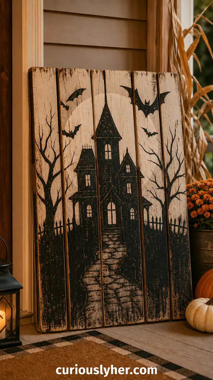 25. A Wooden Pallet Turned Into a Painted Haunted Welcome Sign